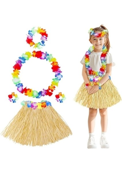 Yetişkin Çocuk Hawaii Parti Seti - 40 cm Naturel Etek + Çiçek Aksesuarlar (5 Parça) indirimleri