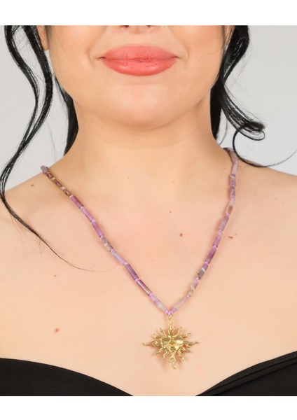El Yapımı Ametist Silindir Boncuklu Bronz Güneş Kolye – Boho Vintage Statement