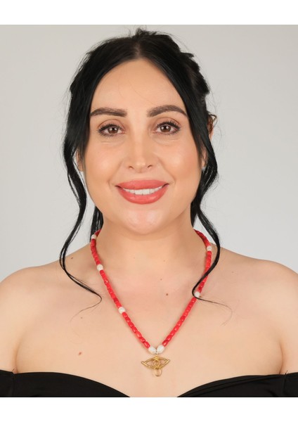 Kırmızı Mercan & Inci Boncuklu, Bronz ‘göz' Kolye – Boho Şans Tılsımı