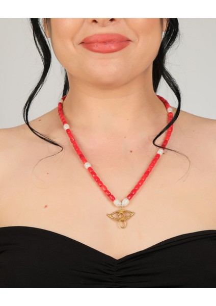 Kırmızı Mercan & Inci Boncuklu, Bronz ‘göz' Kolye – Boho Şans Tılsımı
