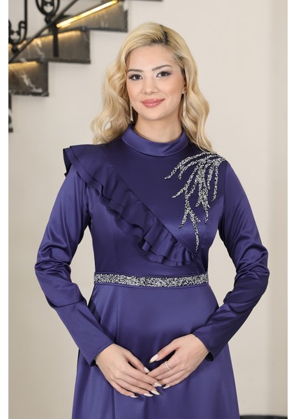 Saten Tesettür Abiye Elbise & Ada & Omuzda Valon ve Taş Detaylı