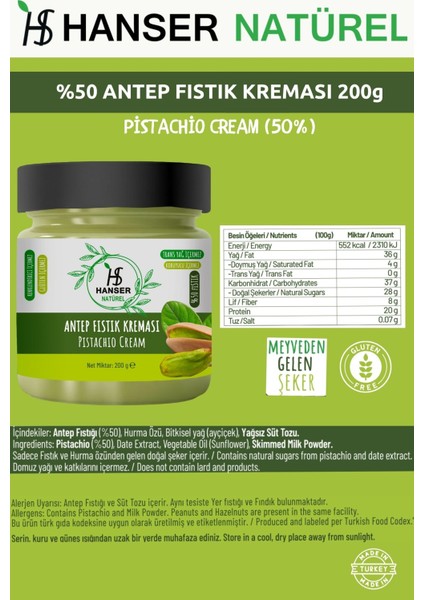 Natürel Antep Fıstık Kreması 200 gr