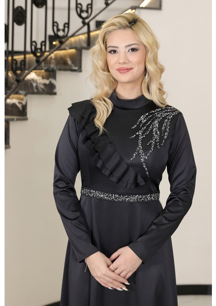 Saten Tesettür Abiye Elbise & Ada & Omuzda Valon ve Taş Detaylı