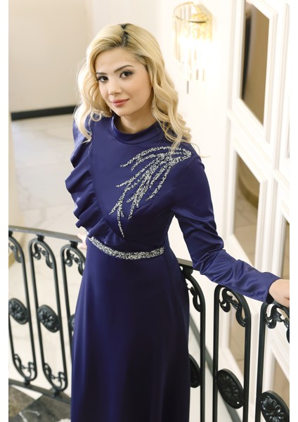 Saten Tesettür Abiye Elbise & Ada & Omuzda Valon ve Taş Detaylı