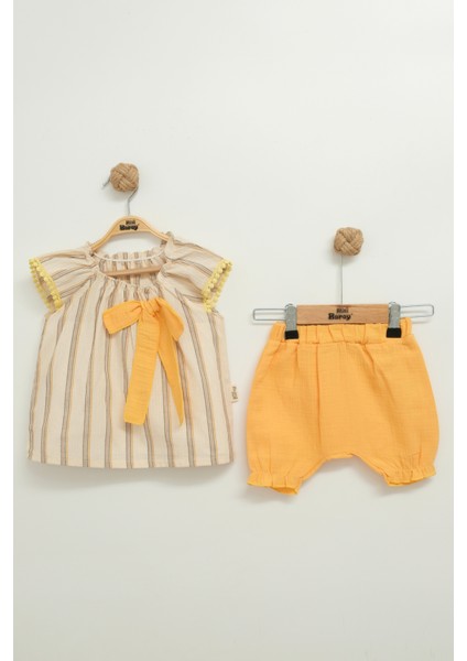 Müslin Fiyonklu Şortlu Çizgili Kız 2 Li Takım