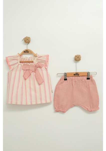 Müslin Fiyonklu Şortlu Çizgili Kız 2 Li Takım
