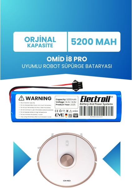 Omid I8 Pro Uyumlu Batarya (Standart Kapasite) 5200mah Pil Robot Süpürge Bataryası