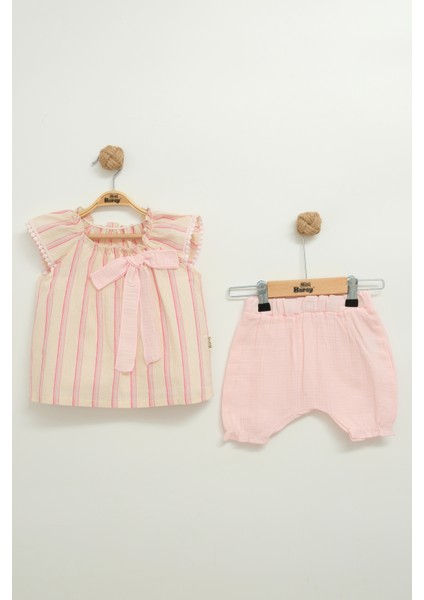 Müslin Fiyonklu Şortlu Çizgili Kız 2 Li Takım