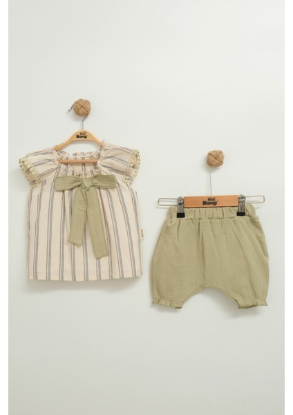 Müslin Fiyonklu Şortlu Çizgili Kız 2 Li Takım