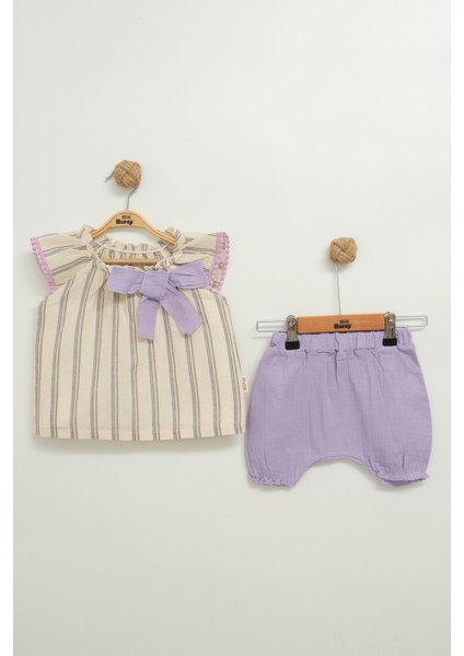 Müslin Fiyonklu Şortlu Çizgili Kız 2 Li Takım