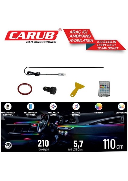 Araç Içi Ambiyans Aydınlatma Wifi Kontrol 12-24V USB 110 cm