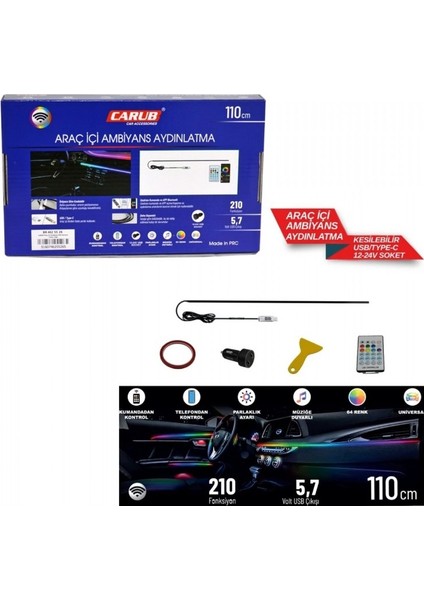 Araç Içi Ambiyans Aydınlatma Wifi Kontrol 12-24V USB 110 cm fiyatları