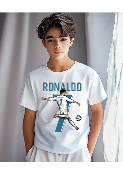 Beyaz Erkek Çocuk Tişört - Cristiano Ronaldo 7 Baskılı T-Shirt - %95 Pamuk %5 Elastan - Kısa Kollu - Yazlık Unisex Spor Futbolcu Tişört