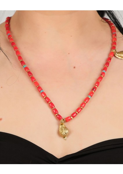 Kırmızı Mercan & Turkuaz Dokunuşlu Bronz Deniz Kabuğu Kolye modelleri