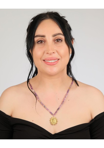 El Yapımı Ametist Silindir Boncuklu Bronz Güneş Yüz Kolye – Boho Vintage Statement