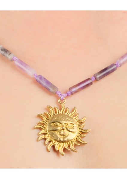 El Yapımı Ametist Silindir Boncuklu Bronz Güneş Yüz Kolye – Boho Vintage Statement