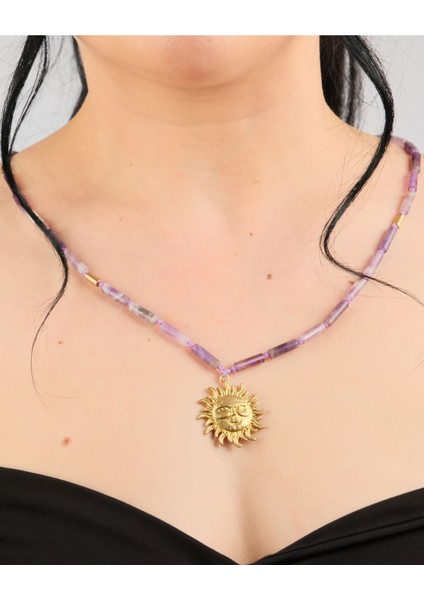 El Yapımı Ametist Silindir Boncuklu Bronz Güneş Yüz Kolye – Boho Vintage Statement