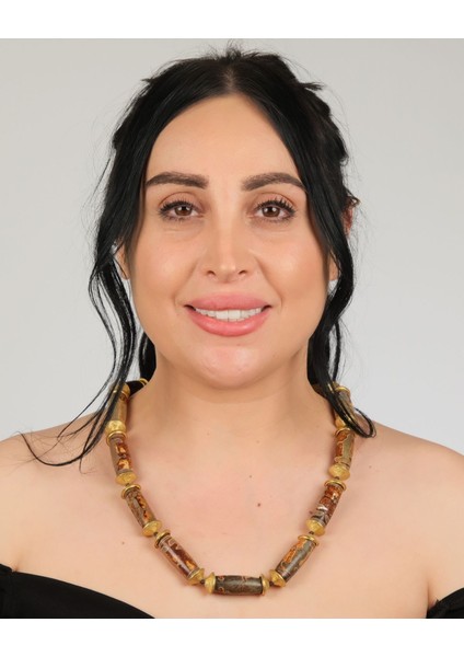 El Yapımı Silindir Akik & Bronz Diskli Statement Kolye – Boho Vintage