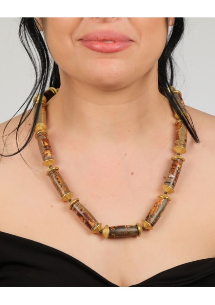 El Yapımı Silindir Akik & Bronz Diskli Statement Kolye – Boho Vintage