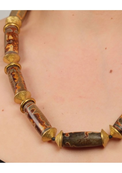 El Yapımı Silindir Akik & Bronz Diskli Statement Kolye – Boho Vintage