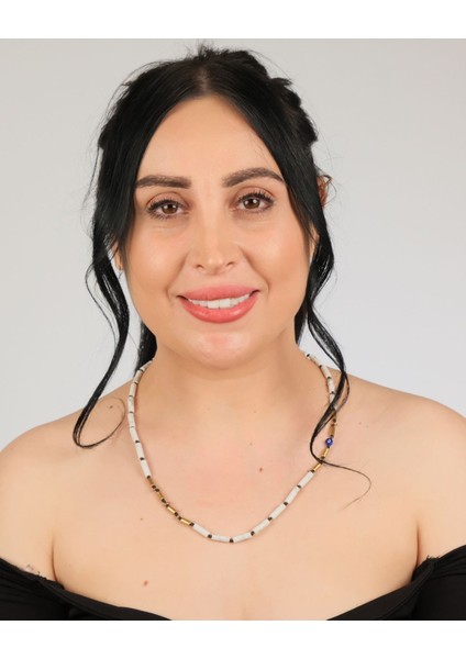 Doğal Havlit & Bronz Boncuklu Nazar Detaylı Minimal Kolye