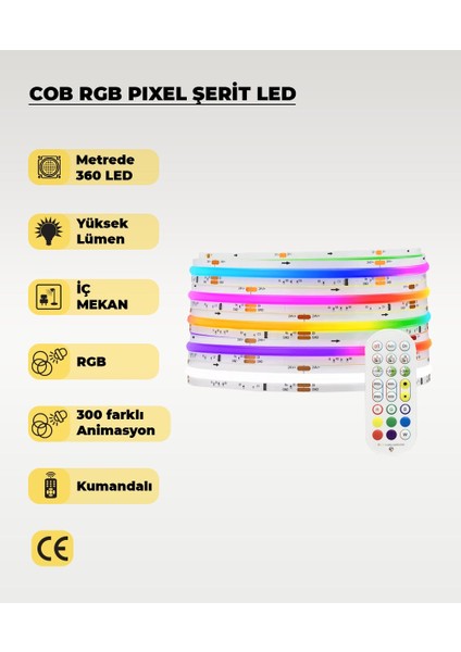 Cob Rgb Pixel Şerit LED - Animasyonlu - Sese Duyarlı - 5 Metre (Kumandalı)
