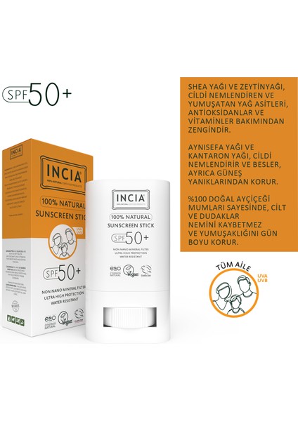Incıa 100% Doğal Güneş Koruyucu Sun Stick Mineral Filtreli Hassas Cilt Bitkisel Uva Uvb SPF50+ 15 gr