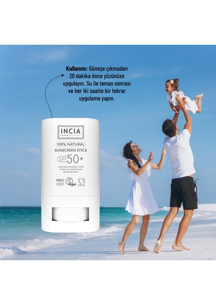 Incıa 100% Doğal Güneş Koruyucu Sun Stick Mineral Filtreli Hassas Cilt Bitkisel Uva Uvb SPF50+ 15 gr