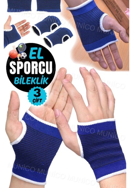 3 Çift Mavi Spor Elastik El Bileği Desteği, Şok ve Nefes Alabilirlik ile Özel Tasarım
