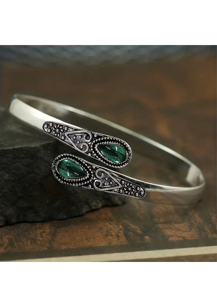 Zümrüt - Yeşil Zirkon Taşlı Gümüş Kaplama Retro Vintage Hediye Şık Ayarlanabilir Gümüş Bileklik