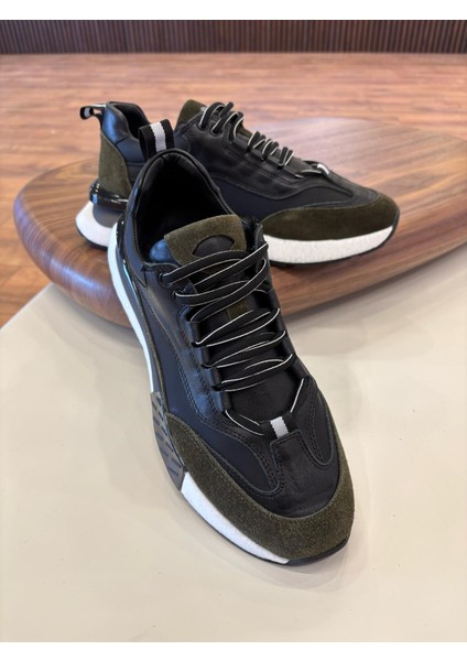 1094 Haki Siyah Hakiki Deri Erkek Sneakers