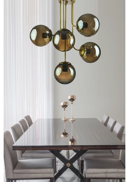 Vera Modern Tasarım Gold Kasa Füme Globe Camlı Beşli Avize