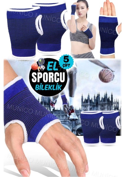 5 Çift Unisex Spor Bileklik, Mavi Örme Bilek Koruyucu, Çok Amaçlı ve Rahat