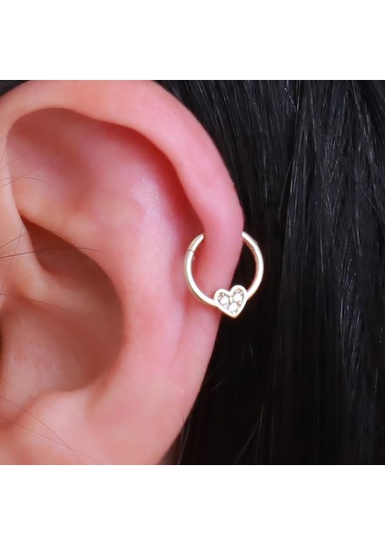14 Ayar Altın Taşlı Kalp Halka Tragus Piercing