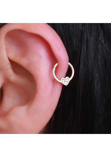 14 Ayar Altın Taşlı Kalp Halka Tragus Piercing