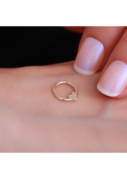 14 Ayar Altın Taşlı Kalp Halka Tragus Piercing