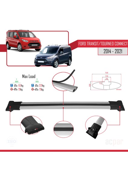 Ford Transit/tourneo Connect 2 2014-2021 Arası ile Uyumlu Fly Model Ara Atkı Tavan Barı Gri 2 Adet fırsatları