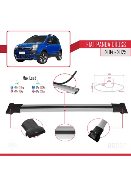 Fiat Panda Cross 2014 ve Sonrası ile Uyumlu Fly Model Ara Atkı Tavan Barı Gri 2 Adet