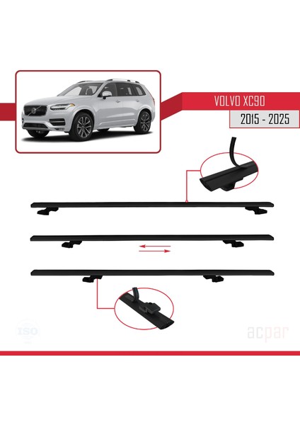 Volvo XC90 Iı 2015 ve Sonrası ile Uyumlu Basıc Model Ara Atkı Tavan Barı Siyah 2 Adet