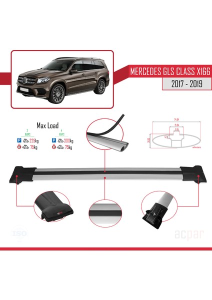 Mercedes Gls Class X166 2017-2019 Arası ile Uyumlu Fly Model Ara Atkı Tavan Barı Gri 3 Adet modelleri