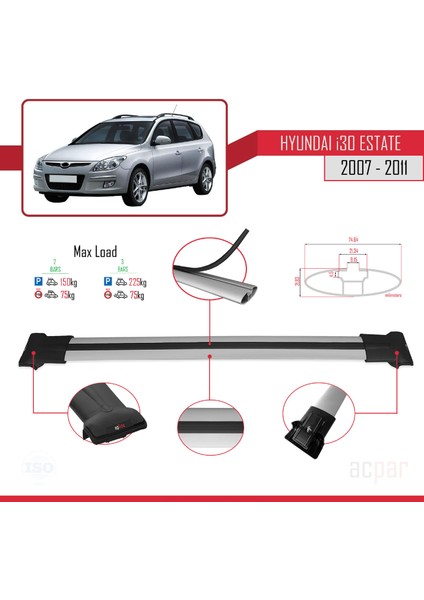 Hyundai I30 (Fd) Sw 2007-2011 Arası ile Uyumlu Fly Model Ara Atkı Tavan Barı Gri 2 Adet