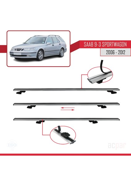 Saab 9-3 Iı Sw 2006-2012 Arası ile Uyumlu Basıc Model Ara Atkı Tavan Barı Gri 3 Adet