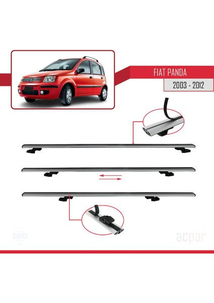 Fiat Panda 2 (169) 2003-2012 Arası ile Uyumlu Basıc Model Ara Atkı Tavan Barı Gri 3 Adet