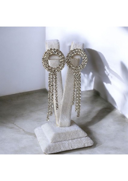 Yuvarlak Taşlı Uzun Püsküllü Sallantılı Zirkon Taşlı Parıltılı Su Yolu Abiye Şık Hediye Küpe