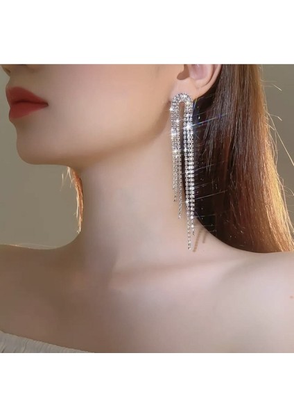 Püsküllü Uzun Sallantılı Zirkon Taşlı Parıltılı Su Yolu Abiye Küpe (6 Cm)