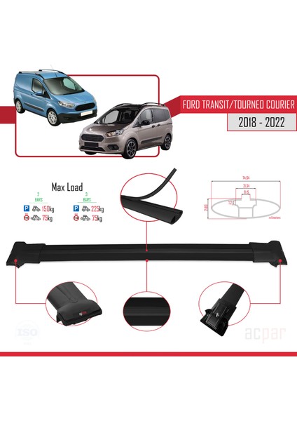 Ford Transit/tourneo Courier Post-Facelift 2018-2022 Arası ile Uyumlu Fly Model Ara Atkı Tavan Barı Siyah 2 Adet fırsatları