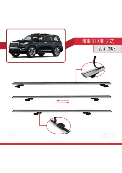 Infiniti QX80 (Z62) 2014-2023 Arası ile Uyumlu Basıc Model Ara Atkı Tavan Barı Gri 2 Adet
