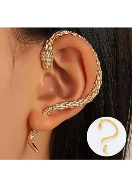 Medusa - Gold Yılan Kulak Üstü Silver Gümüş Renk Küpe (Sağ Kulak Içindir)