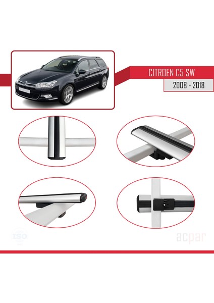 Citroen C5 Iı Tourer 2008-2018 Arası ile Uyumlu Basıc Model Ara Atkı Tavan Barı Gri 2 Adet