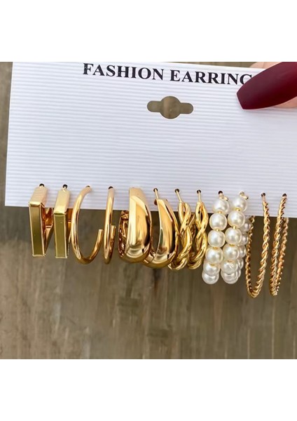 Ivory Inci Köşeli Kare ve Altın Gold Halkalı Şık 6'lı Çoklu Küpe Seti